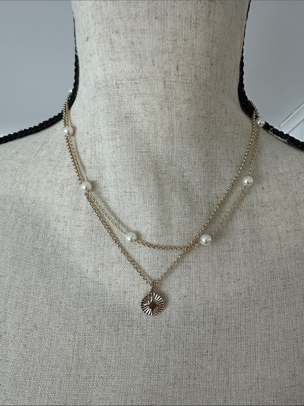 Gold Layered Pearl Necklace with Sunburst Pendant